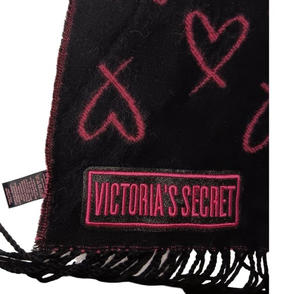 Victoria's Secret Scarf Black Pink Hearts Fringe Reversible - Picture 5 of 8